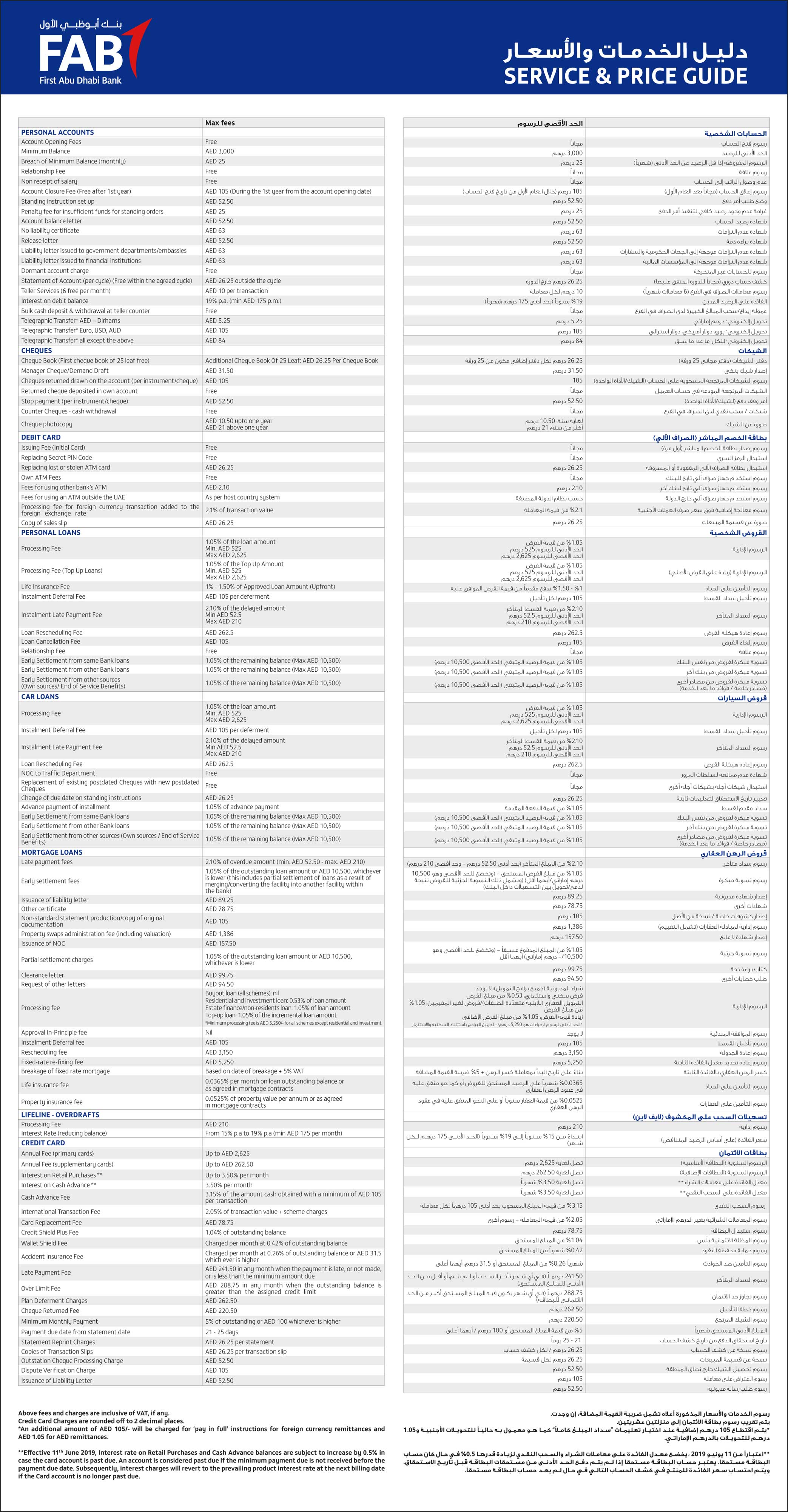 Fees And Charges Personal Banking First Abu Dhabi Bank Uae